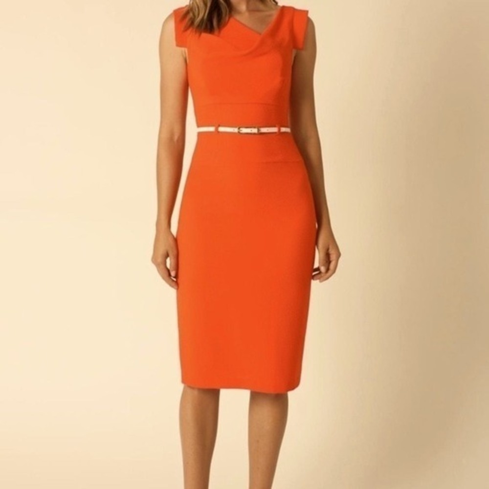Black Halo  Classic Crepe Jackie O Dress Belted Sz 10 Orange Yellow